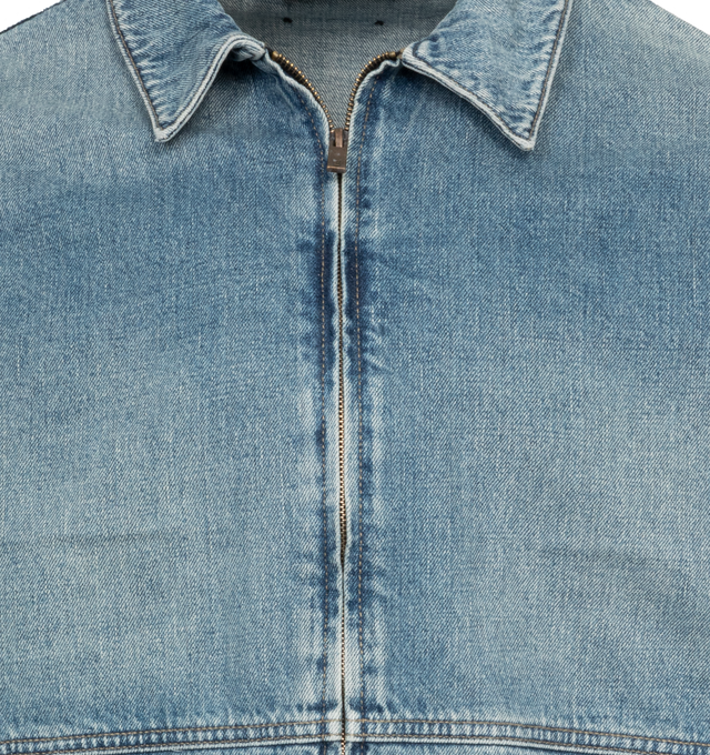Image 4 of 4 - BLUE - FEAR OF GOD ESSENTIALS Denim Jacket featuring two-way zip fastening, faded wash, relaxed shape and brand's signature logo patch on back. 100% cotton. 