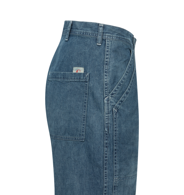 Image 2 of 2 - BLUE - Chimala Wide leg double knee denim work trousers crafted from 100% cotton denim with hand distressing and paint splatter detailing. Featuring fatigue style double front pocket, single back pocket with "C" patch.  Made in Japan.  