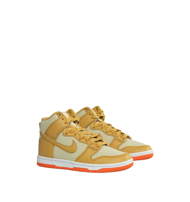 GOLD - NIKE Dunk Hi Retro PRM Sneakers are a lace-up style with washed canvas, foam midsole, signature logo, and rubber outsoles, 