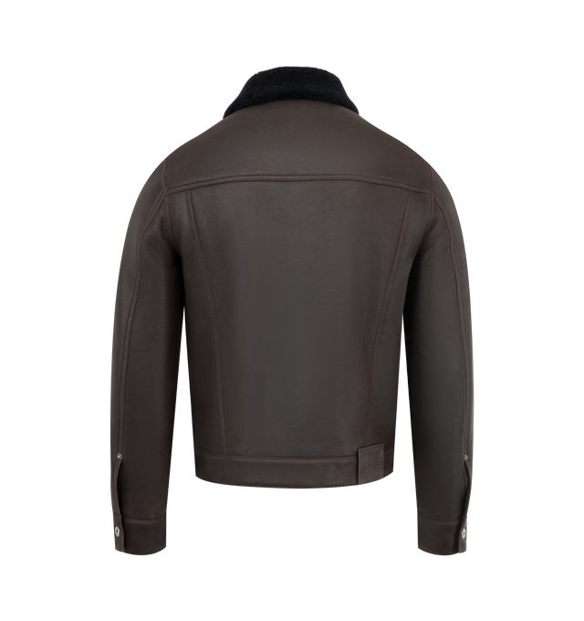 Image 2 of 3 - BROWN - LOEWE Trucker jacket in medium-weight bicolour Merino shearling featuring regular fit, regular length, classic collar, button front fastening, buttoned cuffs, chest patch pockets, buttoned vertical welt pockets and LOEWE embossed leather patch placed at the back. Shearling. Made in Italy. 