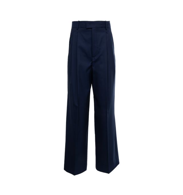 BLUE - ARMARIUM Giorgia Trousers featuring high-waist, belt loops, two side slit pockets, pleat detailing, two rear welt pockets, wide leg and concealed front button, hook and zip fastening. 100% wool.