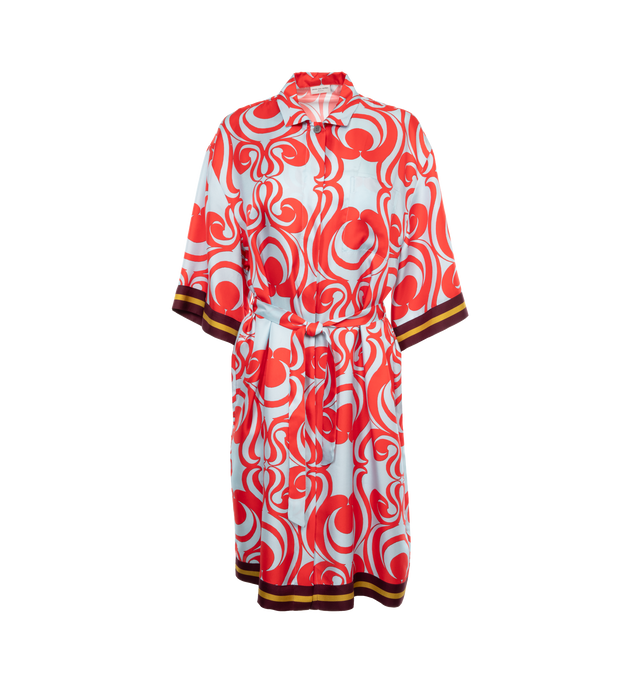 RED - DRIES VAN NOTEN Printed Dress featuring draped sleeve design, midi length, print throughout, waist tie, covered placket and flowing fit. 100% silk.