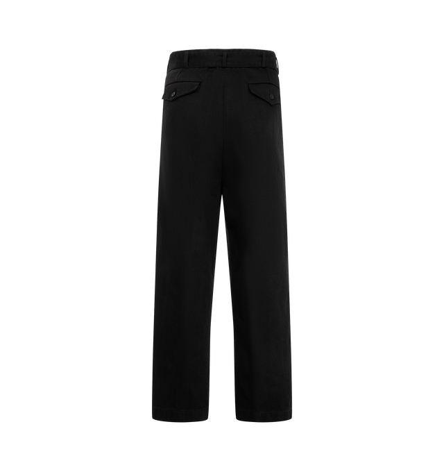 Image 2 of 3 - BLACK - Kaptain Sunshine Men's Dyed Denim Riviera Pants are crafted from the brand's signature 13.5 oz cotton denim, treated through a mercerization process and finished with garment dyeing for enhanced depth of color and character. Designed with a relaxed-fitting silhouette, these trousers feature a self-belted waist, two front pleats, a button-fly closure, and flap welt pockets at the back. Main Material: 100% Cotton. Fit: Relaxed. Made in Japan. 