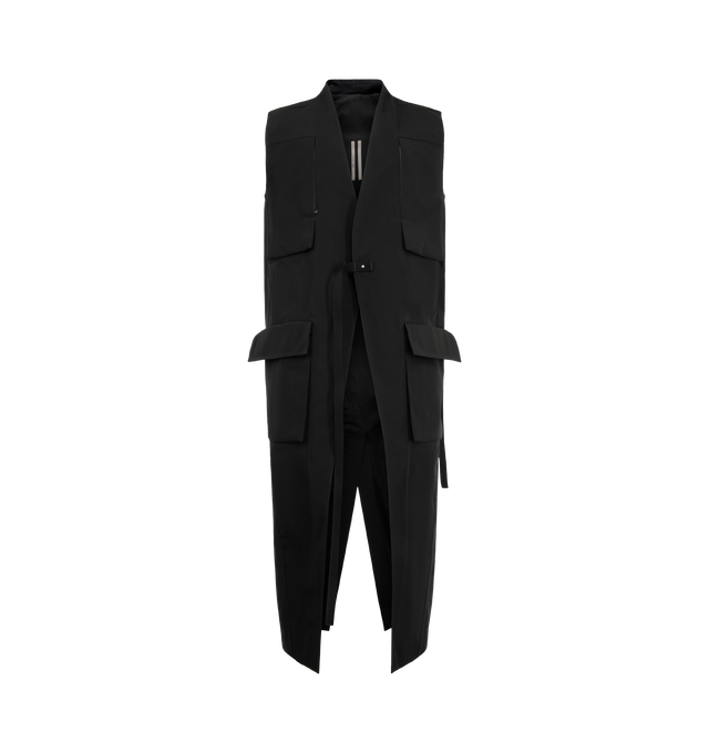 Image 1 of 2 - BLACK - Rick Owens Men's Long Lab Cargo Vest is crafted from wool whipcord and waxy lamb leather and features a sleeveless, below-the-knee silhouette with a flat collar and wrap-front construction secured by an attached wrap-around belt that creates draping at the back. Designed with signature level shoulder seams, two vertical chest pockets, two side front pockets with dual-entry flaps, a center back vent, and internal zip pockets, this statement layering piece combines utilitarian detailing 