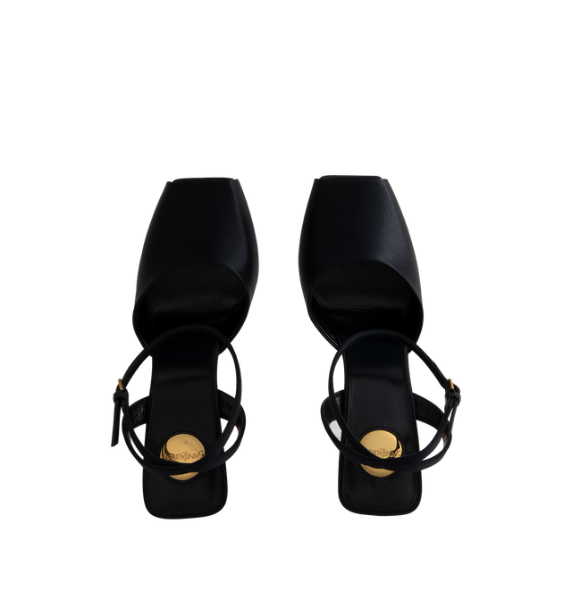 Image 4 of 4 - BLACK - SAINT LAURENT La Scandale Wedges featuring a square open toe, contrasting covered heel, adjustable ankle strap and round saint laurent-engraved metal plaque on the insole. 4.3 inch heel. Viscose, silk, sheepskin, metal. Made in Italy. 