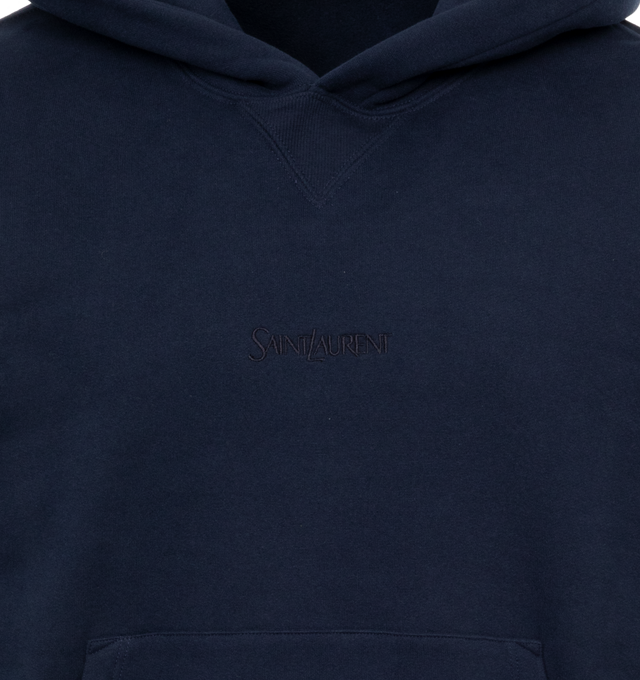 Image 3 of 3 - NAVY - SAINT LAURENT Hoodie featuring tonal logo embroidered on chest, kangaroo pocket, fixed hood, rubbed cuffs and shirred hem. 100% cotton.  