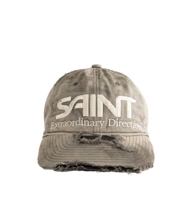 Image 1 of 2 - GREY - The Saint Michael Saint Cap in Charcoal features embroidered SAINT lettering at the front and 666 YEARS lettering at the back. Faded fabric and distressed panels and brim create the worn finish, while a rear adjuster changes the fit. 