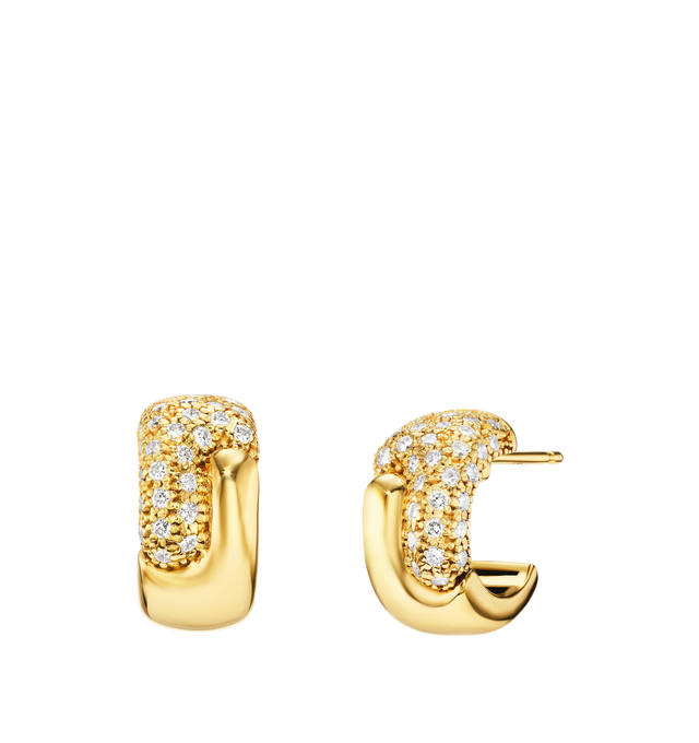 Image 3 of 3 - GOLD - PAMELA ZAMORE Holos Round Huggies with Diamonds featuring two sculptural halves of a piece interlocking to become one. Hand-finished. 18K yellow gold, 10.2g. 1.05ct Diamonds. Hirshleifers offers a range of pieces from this collection in-store. For personal consultation and detailed information about jewelry, please contact our dedicated stylist team at personalshopping@hirshleifers.com. This item may be restricted for online purchase to international clients. For assistance purchasing  
