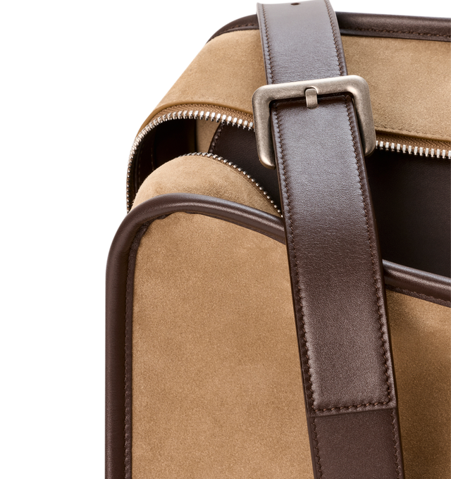 Image 16 of 16 - BROWN - Loewe Mens Amazona 180 XL Bag is crafted from suede with soft calfskin details. Features a relaxed silhouette, single toron top handle, removable shoulder handle, adjustable crossbody strap, zip closure with two leather pullers, two compartments with concealed magnetic closure, interior flat pocket, side D-ring, suede and nappa lambskin lining, palladium-tone hardware, and embossed LOEWE and Double L branding. Dimensions: 40  31  16 cm; Strap Length: 105133 cm; Strap Drop: 4761 cm;  