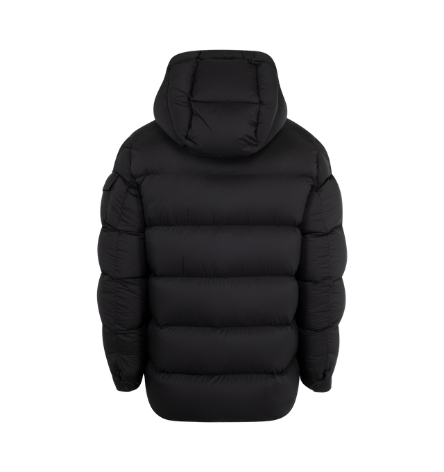 Image 2 of 3 - BLACK - MONCLER Bretagne Hooded Short Down Jacket featuring water-repellent main fabric, longue saison lining, down-filled, adjustable hood, zipper and snap button closure, chest pockets with zipper closure, patch pockets with snap button closure, sleeve pocket with snap button closure, inside zipped pocket, waistband with drawstring fastening and adjustable cuffs. 100% polyamide/nylon. Padding: 90% down, 10% feather. Made in Romania. 