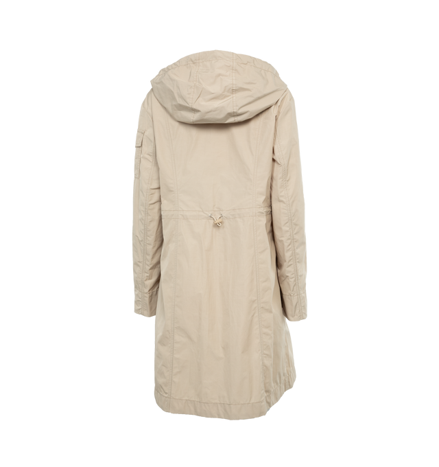 Image 2 of 3 - NEUTRAL - MONCLER Laerte Long Parka featuring poplin technique, hood, zipper closure, patch pockets and waistband with drawstring fastening. 60% polyester, 40% cotton. Made in Moldova.  