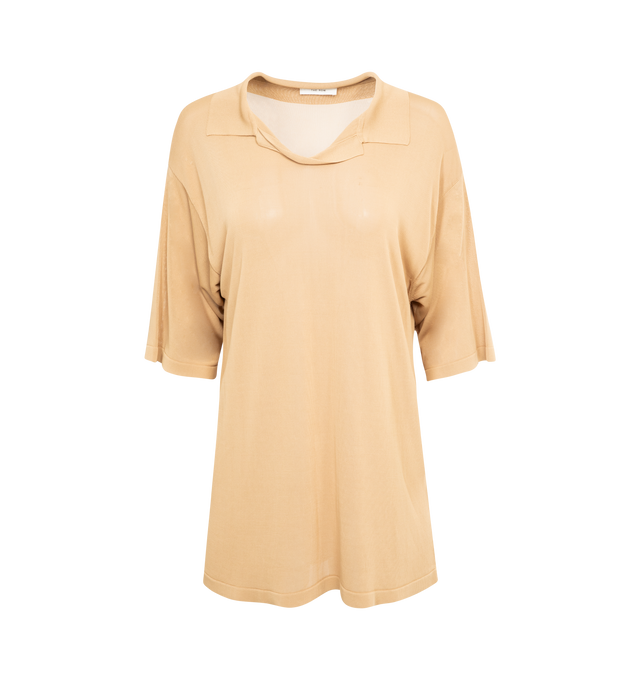 Image 1 of 2 - BROWN - THE ROW Kenna Top featuring boxy fit, short-sleeves, fluid matte viscose, polo-style v-neckline and dropped shoulder. 100% viscose. Made in Italy.