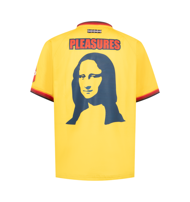 Image 2 of 3 - YELLOW - Pleasures Mens Relaxed Sport Shirt is crafted from heavyweight polyester mesh. Features a relaxed fit, striped ribbed trim, and printed artwork and logo throughout. Main Material: 100% Polyester. Made in China. 