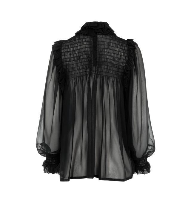 Image 2 of 2 - BLACK - Saint Laurent sheer blouse made with certified silk, featuring a frilled high collar, smocked yoke, poet sleeves with smocked cuffs, concealed back zip closure, and stand collar. 100% silk. Made in Italy. 