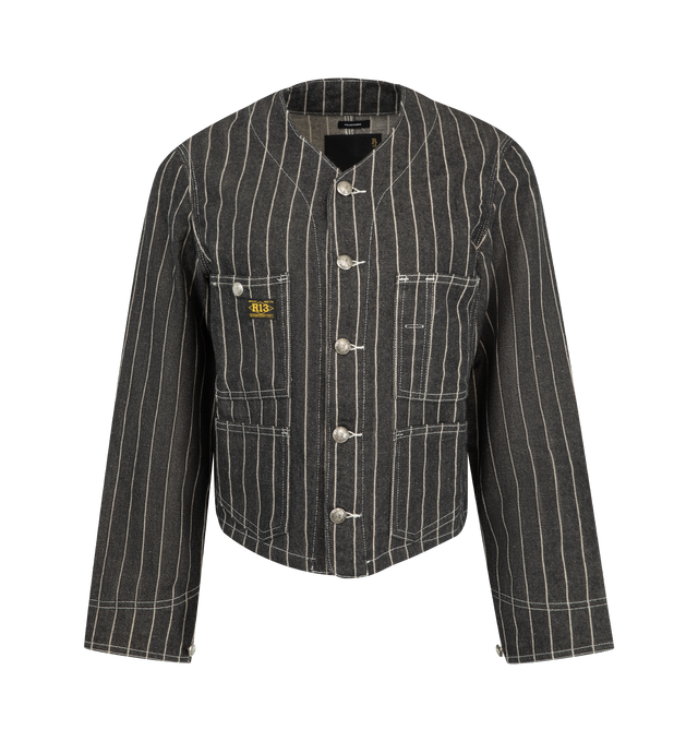 Image 1 of 3 - BLACK - R13 Women's Cropped Chore Jacket is crafted from a textured linen, wool, and cotton blend and reinterprets classic workwear through the brands signature elevated lens. Cut in a cropped silhouette, this versatile jacket combines structured tailoring with utility-inspired styling, while cow leather trims add a refined finishing touch. Ideal for layering, it balances rugged character with modern sophistication. Main Material: 50% Linen, 35% Wool, 15% Cotton. Trims: Cow Leather. 