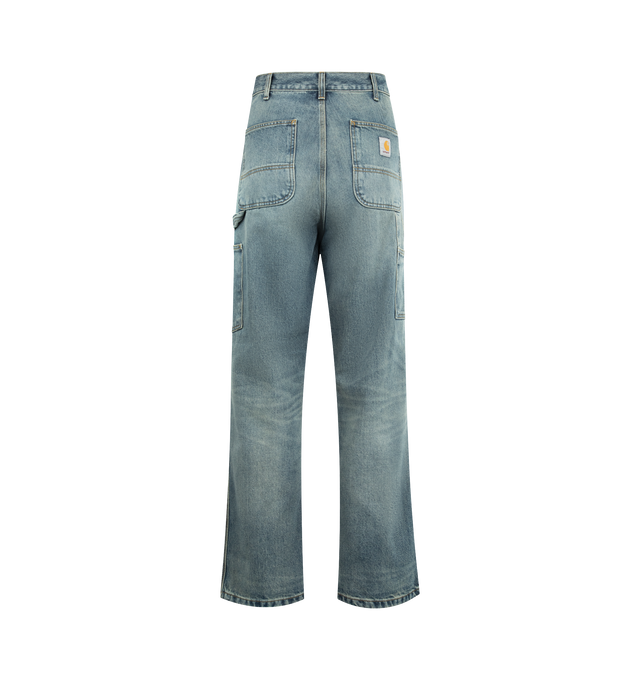 Image 2 of 3 - BLUE - CARHARTT WIP Single Knee Jeans featuring relaxed-fit, straight-leg, belt loops, five-pocket styling, zip-fly, utility pocket at outseams, logo patch at back pocket and contrast stitching in tan. 100% cotton. 