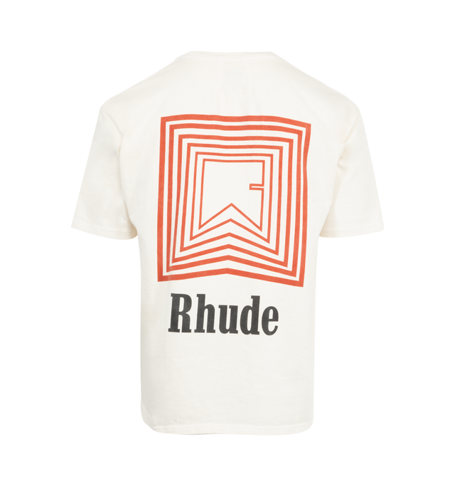 Image 2 of 2 - WHITE - RHUDE Chevron Logo Repeat T-shirt featuring cotton jersey, rib-knit crewneck, short sleeves, logo and graphic printed at chest and back. 100% cotton. Made in United States. 