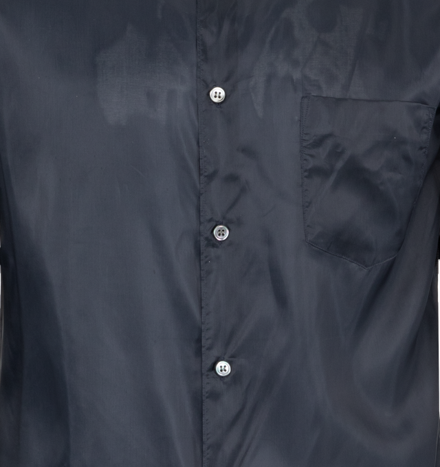 Image 3 of 3 - NAVY - Comme des Garons Shirt satin finish long-sleeved buttoned shirt featuring chest patch pocket, classic collar, front button fastening, long sleeves, buttoned cuffs, and curved hem. 100% Cupra. Made in France. 