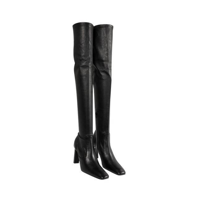 Image 2 of 4 - BLACK - Toteme Women's Nappa Over-the-Knee Boots are crafted from soft stretch Nappa leather and feature a contoured, second-skin silhouette that extends above the knee. Designed with a short side zipper and stretch neoprene lining for a close fit, these designer boots are set on a sculptural bar-shaped, set-back heel and finished with a leather insole and sole. Main Material: 100% Lamb Leather. Lining: 100% Sheep Leather. Sole: 100% Cow Leather. Heel Height: 85 mm / 3.3 in. Closure: Side Zip 