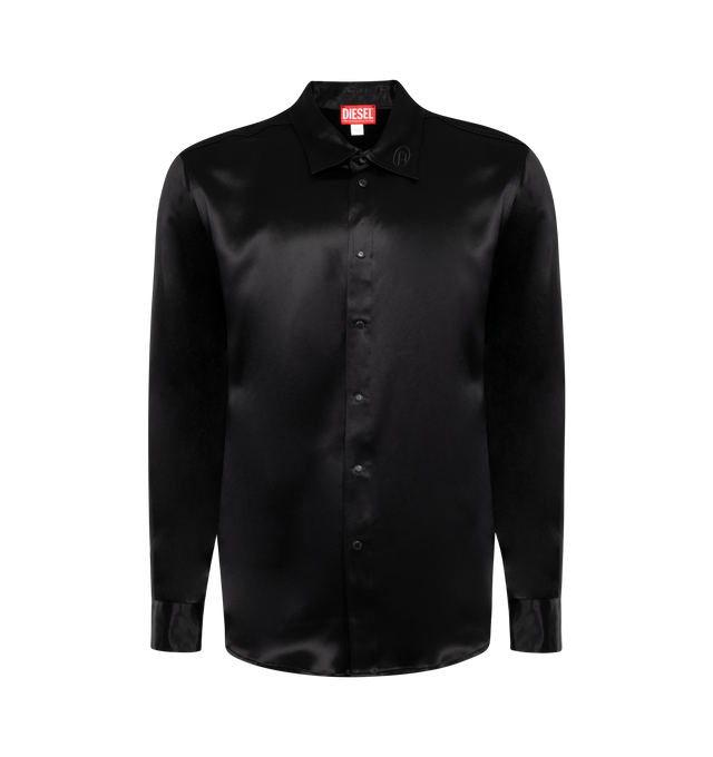 BLACK - DIESEL S-Ricco Shirt featuring soft and fluid tech-satin, a regular fit, sleek style, fastens with snap buttons and has a tonal Oval D logo embroidered on the collar. 73% acetate, 27% polyester.