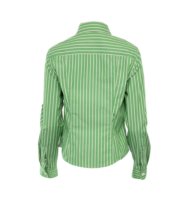 Image 2 of 3 - GREEN - DRIES VAN NOTEN Striped Shirt featuring collar, breast patch pockets, button front closure and fitted silhouette. 100% cotton. Made in Hungary. 
