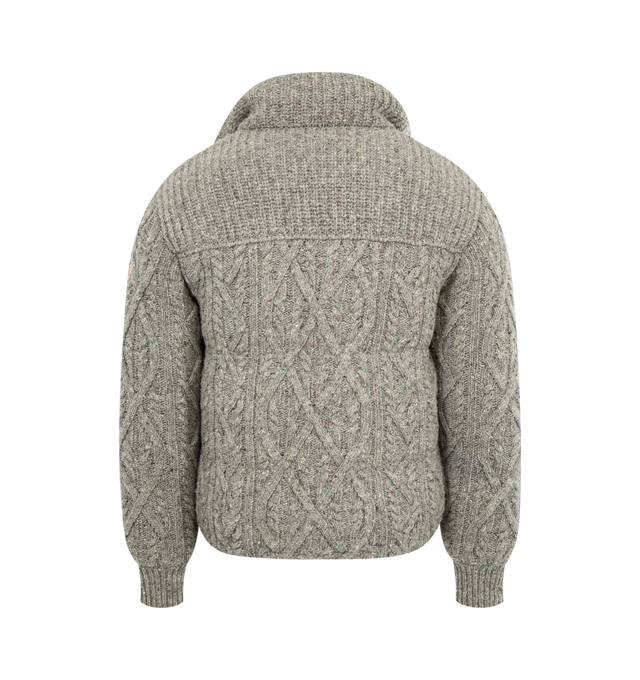 Image 2 of 3 - GREY - MONCLER GRENOBLE Ellesmere Wool Tweed Short Down Jacket featuring merino wool tweed, rainwear lining, down-filled and padded, argyle and cable knit, gauge 1.5, snap button closure and side pockets. 100% virgin wool. Lining: 100% polyamide/nylon. Padding: 90% down, 10% feather. Made in Romania. 