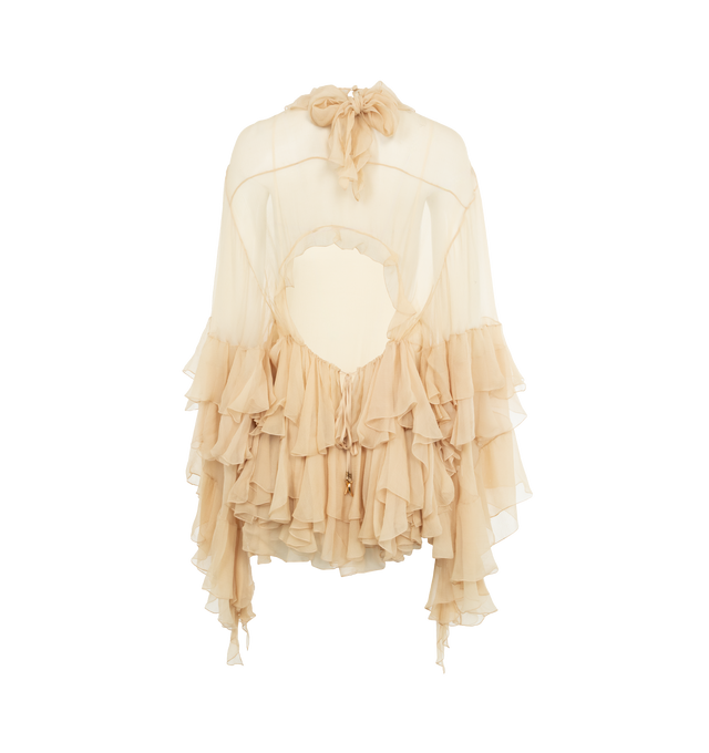 Image 2 of 3 - NEUTRAL - Ruffled mini dress in organic silk mousseline with a separate dress lining, featuring maxi sleeves and drawstring ties detailed with hammered pearl and gold-toned banana tips. 100% organic silk with silk lining. 