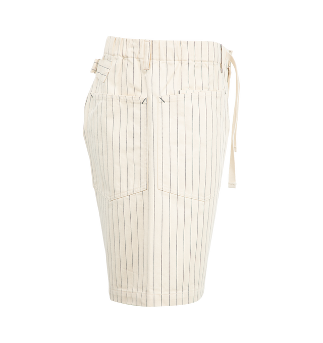 Image 3 of 3 - WHITE - POST O'ALLS E-Z Army-Navy Shorts 2 featuring elastic waist with drawstring, pointed square pockets, pinstripes and cinch back. 100% cotton. Made in Japan. 