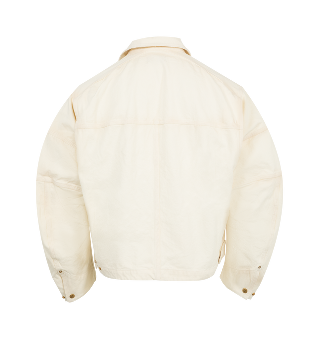 Image 2 of 3 - WHITE - WILLY CHAVARRIA Stockton Work Jacket featuring an oversized fit, structured design, two chest flap pockets with button closures, full zip front with a high collar and embroidered logo detail on the front. 100% cotton canvas. Made in the USA. 
