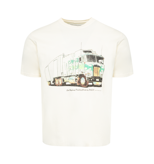 Image 1 of 2 - WHITE - ONE OF THESE DAYS Lost Highway Trucking Tee featuring crew neck, short sleeves and graphic print. 100% cotton.  