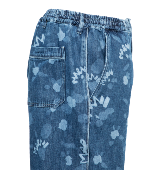 BLUE - MARNI Denim Shorts featuring all-over tonal Marni Dripping print, belt loops, elasticated waistband with internal drawstring, two side inset pockets and two rear patch pockets. 100% cotton. 