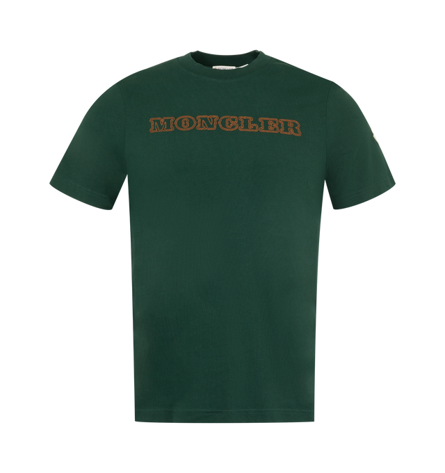 Image 1 of 1 - GREEN - Moncler Men's Logo Cotton Jersey T-Shirt is crafted from cotton jersey and features embroidery of the houses signature logo. Designed with a classic crewneck silhouette and short sleeves. Main Material: 100% Cotton. Made in Turkey. 