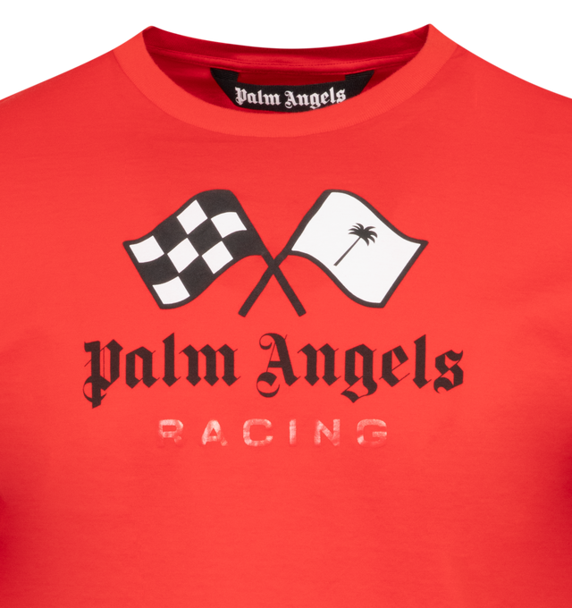 Image 2 of 2 - RED - Palm Angels Racing crew neck cotton T-shirt with short sleeves and straight hem decorated with slogan lettering and a waving flag graphic at the chest. Made in Italy. 100% cotton. 