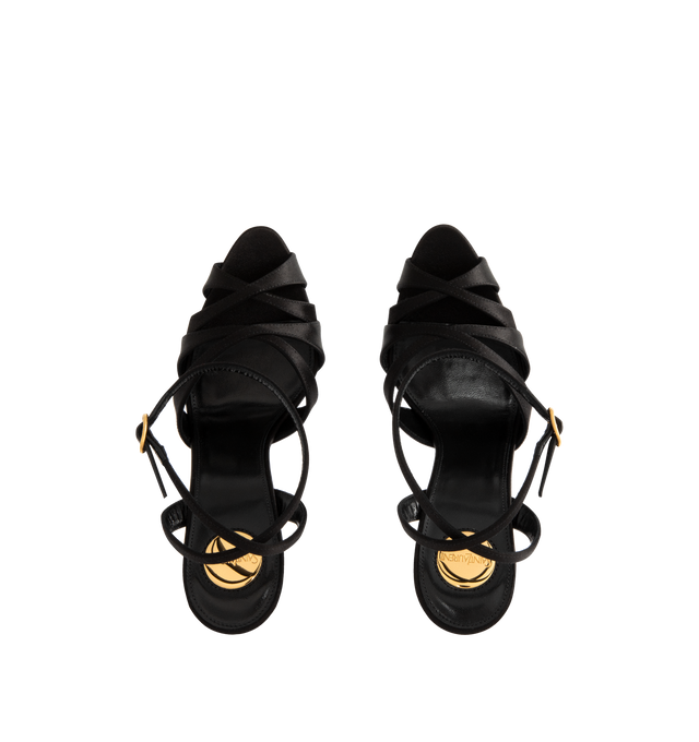 Image 7 of 7 - BLACK - SAINT LAURENT Chandelle Sandals in satin crepe featuring an almond toe, crisscrossed straps, covered heel, an adjustable ankle strap, certified viscose and silk, leather sole and round saint laurent-engraved metal plaque on the insole. 110mm. Viscose, silk. Made in Italy. 