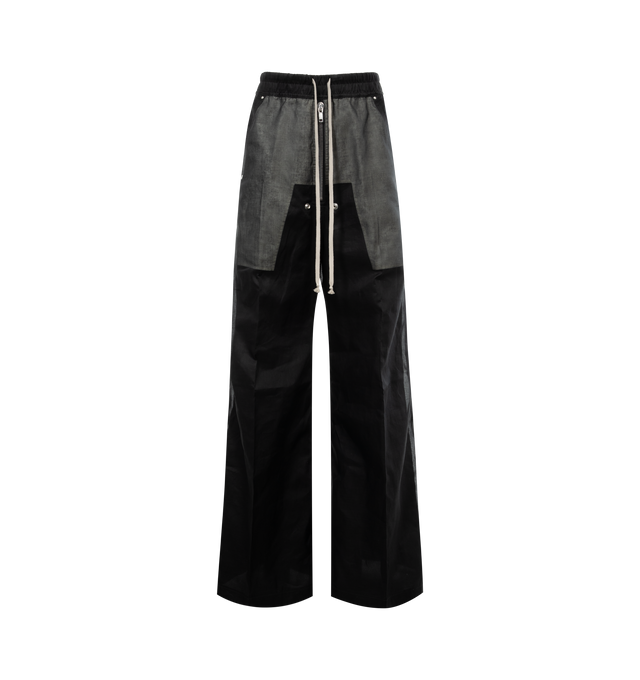Image 1 of 3 - BLACK - RICK OWENS Wide Bela Pants featuring drawstring elastic waist, zip front, side pocket, back patch pockets, panel on front and wide leg. 100% cotton. Made in Italy. 