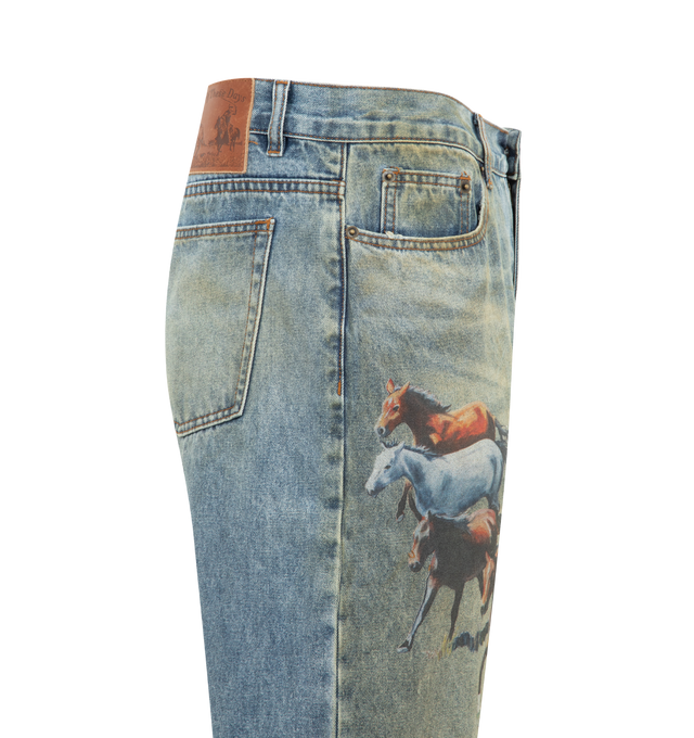 Image 3 of 4 - BLUE - ONE OF THESE DAYS All Over Print Straight Leg Jeans featuring zip fly and button closure, 5-pocket styling, printed graphic detail and intentionally faded denim. 100% cotton. 