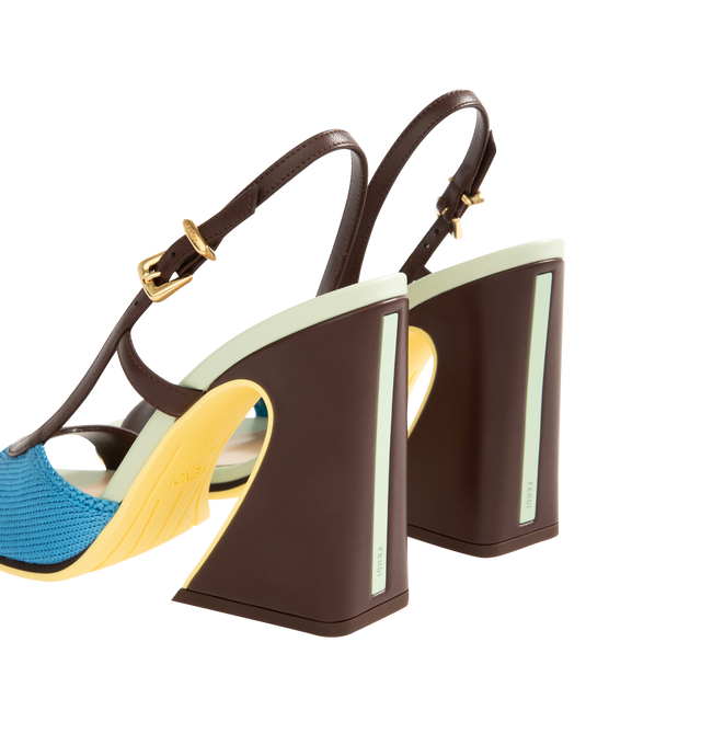 Image 3 of 4 - MULTI - FENDI Arco Pump featuring asymmetric sandal with wide heel iconic Arco shape, two-tone rubber sole with FF design, rubber heel sole, metal detail on the heel and engraved Fendi logo. 95mm heel. 75% polyester, 23% polyamide. Made in Italy.  