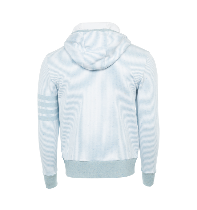 Image 2 of 3 - BLUE - THOM BROWNE Zip Up Hoodie featuring non-detachable hood with drawstring, front zip closure, ribbed cuffs and hem, sleeve striped logo detail, logo patch detail and two side pockets. 99% cotton, 1% silk. Made in Italy. 