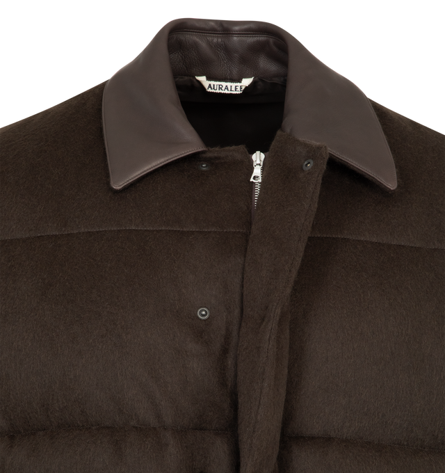 Image 4 of 4 - BROWN - AURALEE Baby Camel Flannel Down Blouson featuring concealed zipper closure with snap buttons, contrast collar, flap pockets on front with snap button closure, adjustable hem with drawstring and relaxed fit. 100% baby camel flannel. 