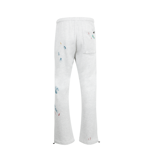 Image 2 of 3 - GREY - NAHMIAS Bandaid Wide Sweatpants featuring elastic waist with drawstring, bungee cord at hem, loose fit, two side slit pockets, one back patch pocket and branded bandaid motif throughout. 100% cotton.  