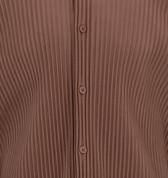 Image 3 of 3 - BROWN - Issey Miyake MC November Shirt has a spread collar, vented side seams, Dolman sleeves, and dropped shoulders. 100% polyester. Made in Japan.  