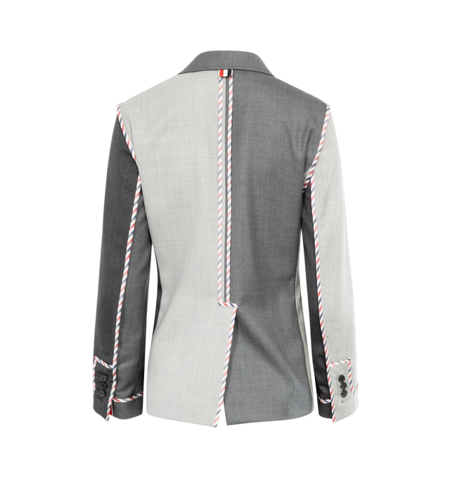 Image 2 of 3 - GREY - THOM BROWNE Sport coat crafted from wool twill fabric in an unconstructed silhouette adorned with tri-color trim and charcoal colorblocking.  Featuring front button closure, notched lapels, chest welt pocket; front flap-patch pockets, and back vent. 100% wool.  Made in Italy. 