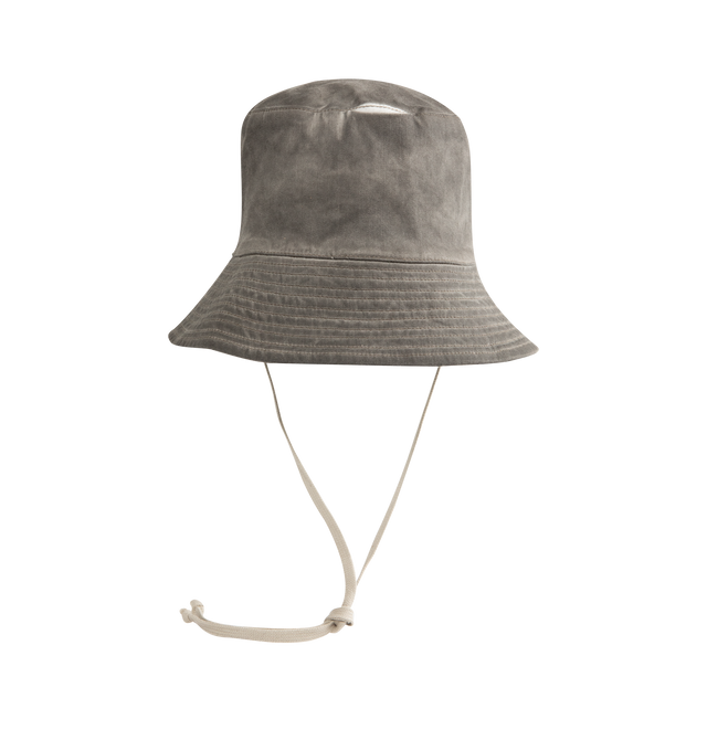 Image 1 of 2 - GREY - Rick Owens DRKSHDW Gilligan Hat is crafted from foil-treated stretch denim and features the brand's signature bucket hat silhouette with a worn-in, garment-dyed finish. Designed with fading throughout, topstitch detailing, quilted trim, and a self-tie chin strap, the hat reflects the label's distinctive blend of utilitarian function and avant-garde style. Main Material: 85% Cotton, 10% Polyester, 5% Elastane. Lining: 100% Cotton. Made in Italy. 