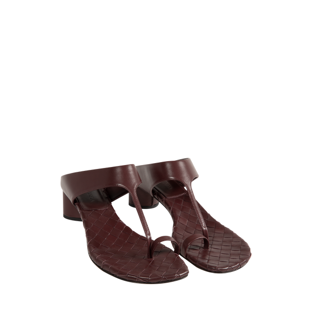 Image 2 of 4 - RED - Bottega Veneta Womens Kitten Heel Thong Sandals are crafted from nappa leather. Feature a toe-ring leather strap, Intrecciato leather insole, lambskin lining, kitten heel, and rubber-injected leather outsole. Upper: Nappa Leather; Lining: Lambskin; Outsole: Rubber-Injected Leather. Made in Italy. 