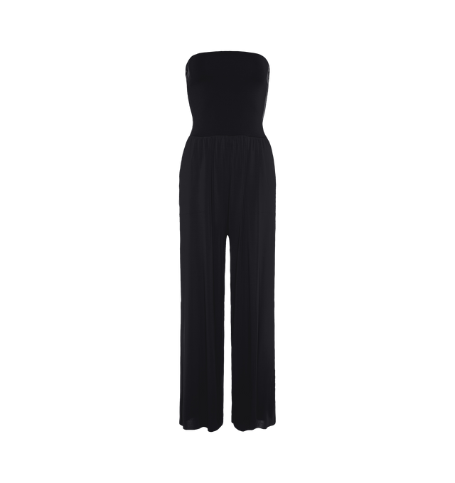 Image 1 of 5 - BLACK - ERES Dao High-Waisted Trousers featuring wide legs and side pockets with tone on tone stitching. Offers versatile styling to wear as a bustier jumpsuit or pants.  Main: 94% Polyamid, 6% Spandex. Second: 84% Polyamid, 16% Spandex. Made in France. 