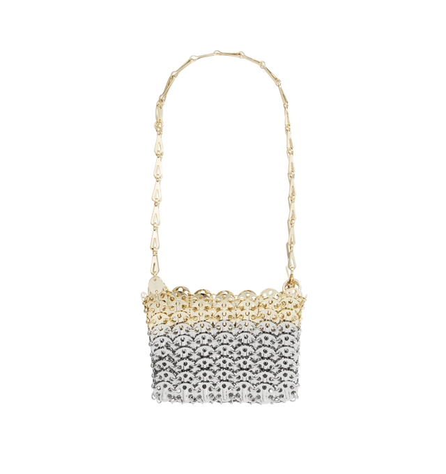 MULTI - RABANNE 1969 Nano Skyline Bag featuring Gold and Silver metal discs and Gold metal chain with the Paco Rabanne logo. 16cm x 11.5cm x 2.5cm. Strap drop length: 55cm. 100% brass.