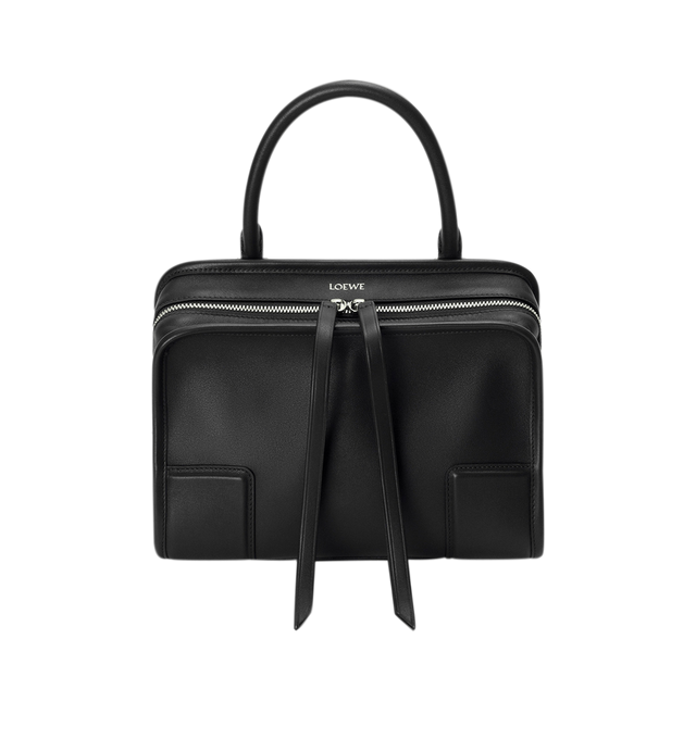 Image 6 of 16 - BLACK - Loewe Small Amazona 180 Bag in leather features a relaxed silhouette anchored by a single toron top handle, designed to be carried open, while a concealed closure secures the main compartment, three carry options: short handle, removable shoulder strap and crossbody, zip closure with two leather zip pullers, two compartments, main compartment closed with magnetic closure, internal flat pocket, left side d-ring for customization, nappa lambskin lining, and embossed double L branding.  