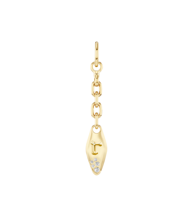 Image 2 of 2 - GOLD - VESSEL CHARM Vessel Charm featuring 18K yellow gold vessel has an embossed letter on the front alongside round, white scattered diamonds. Total length: 2 3/8". 18K yellow gold and diamond vessel: 7/8" x 3/8". Diamonds vary: 1mm diameter to 2.5mm diameter each .14cttw. 18K yellow gold bale. Hirshleifers offers a range of initial pieces from this collection in-store. For personal consultation and detailed information about jewelry, please contact our dedicated stylist team at personal 