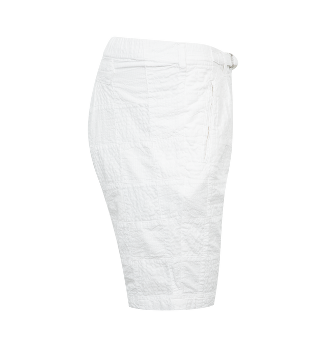 Image 3 of 3 - WHITE - POST O'ALLS E-Z Lax 4 Shorts featuring poly seersucker, lightweight and breathable, elasticated waistband, belt, zip fly, two slash pockets, two inverted front pleats and cinch on reverse. 100% cotton. Made in Japan. 