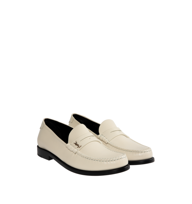 Image 2 of 4 - WHITE - SAINT LAURENT Le Loafer Penny Slippers featuring leather sole, logo embossed on back tab and cassandre in gold toned metal. Calfskin.  